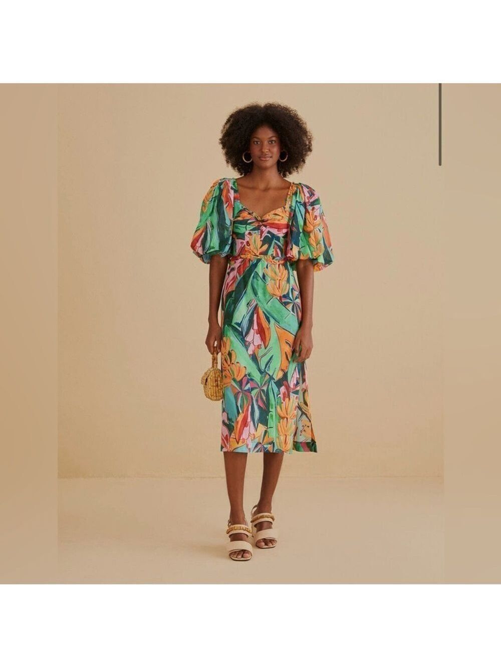 Farm Rio Multicolor Banana Foliage Puff Sleeve Midi Dress
